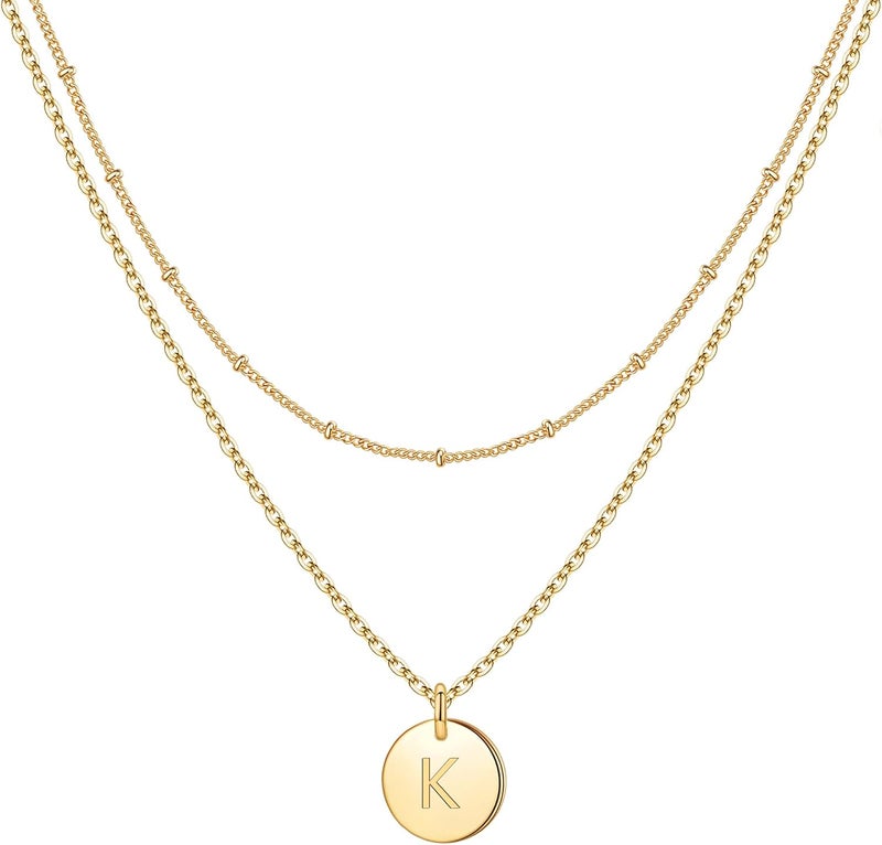 IEFWELL Valentines Gifts - Initial Necklaces for Women Girls, 14K Gold-Plated Silver Double Side Engraved Hammered Coin Necklaces, Layered Necklace Jewelry Pendant for Teen Girls - Image 1